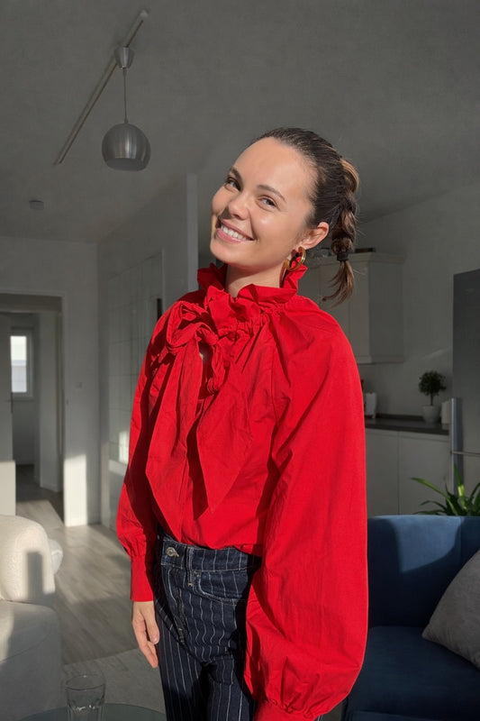 Blouse rouge fluide femme à col lavallière Carmen