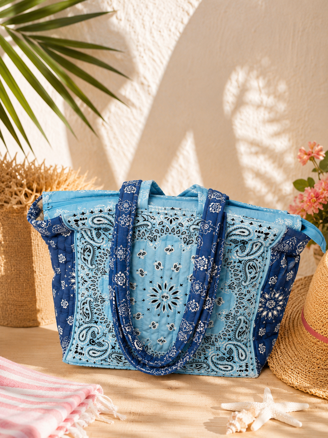 Sac Cabas Matelassé Bandana Bleu Ciel & Bleu Marine
