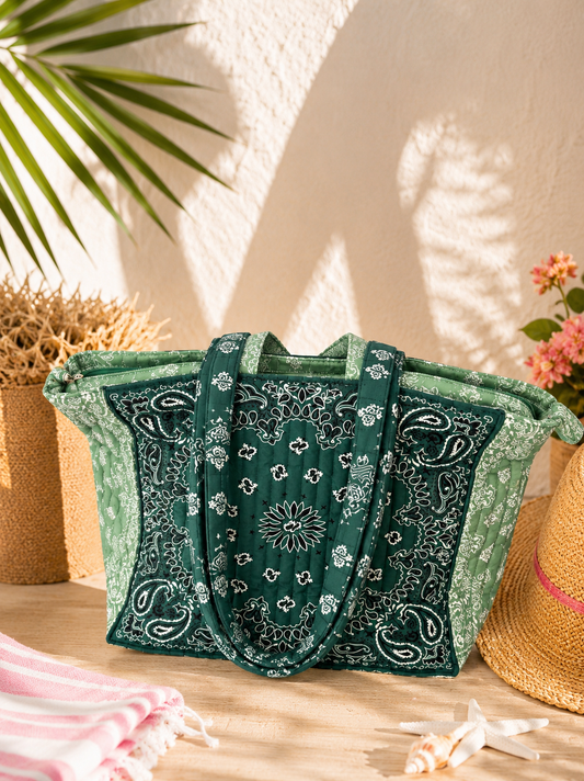 Sac Cabas Matelassé Bandana Vert Sauge & Vert Émeraude