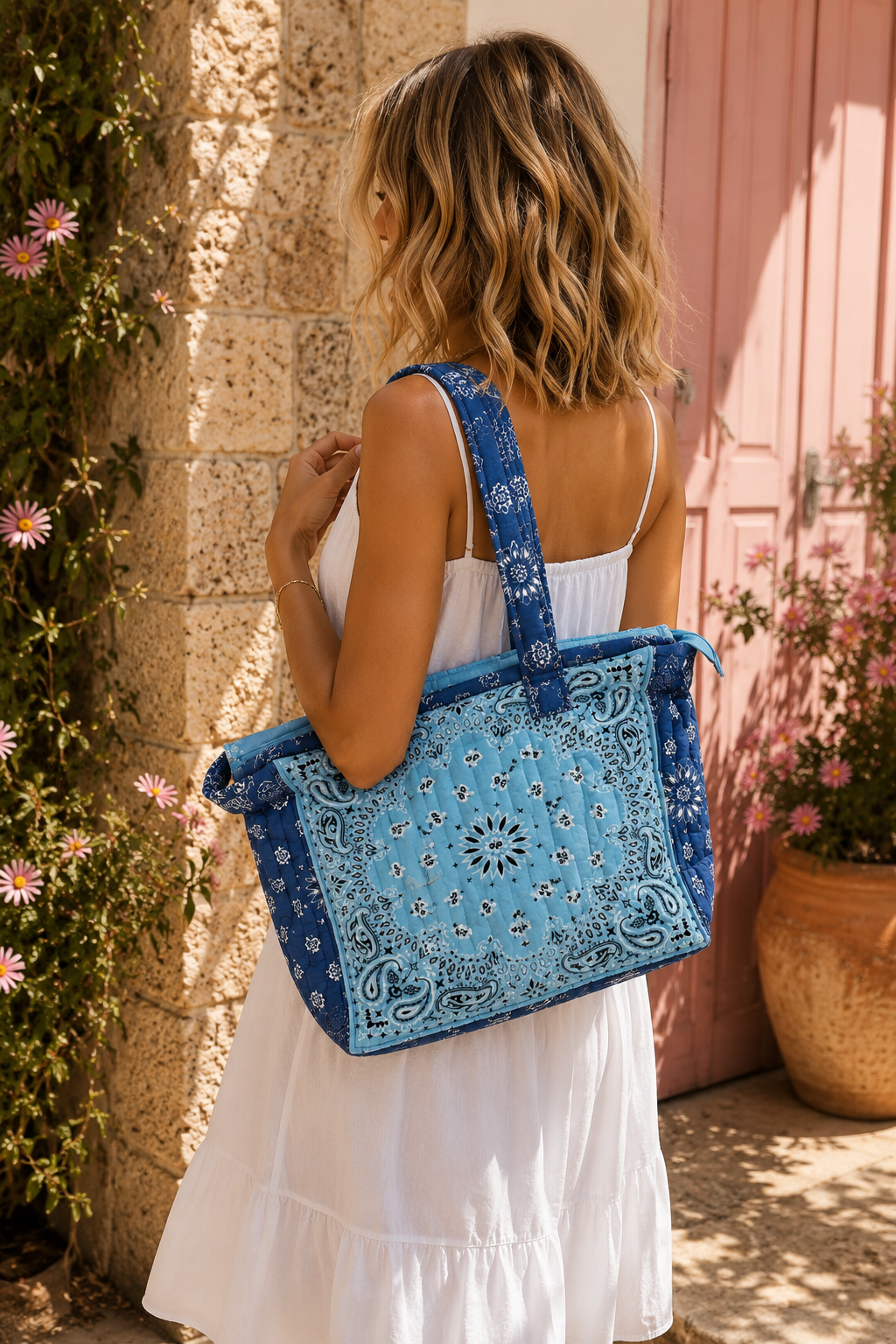 Sac Cabas Matelassé Bandana Bleu Ciel & Bleu Marine