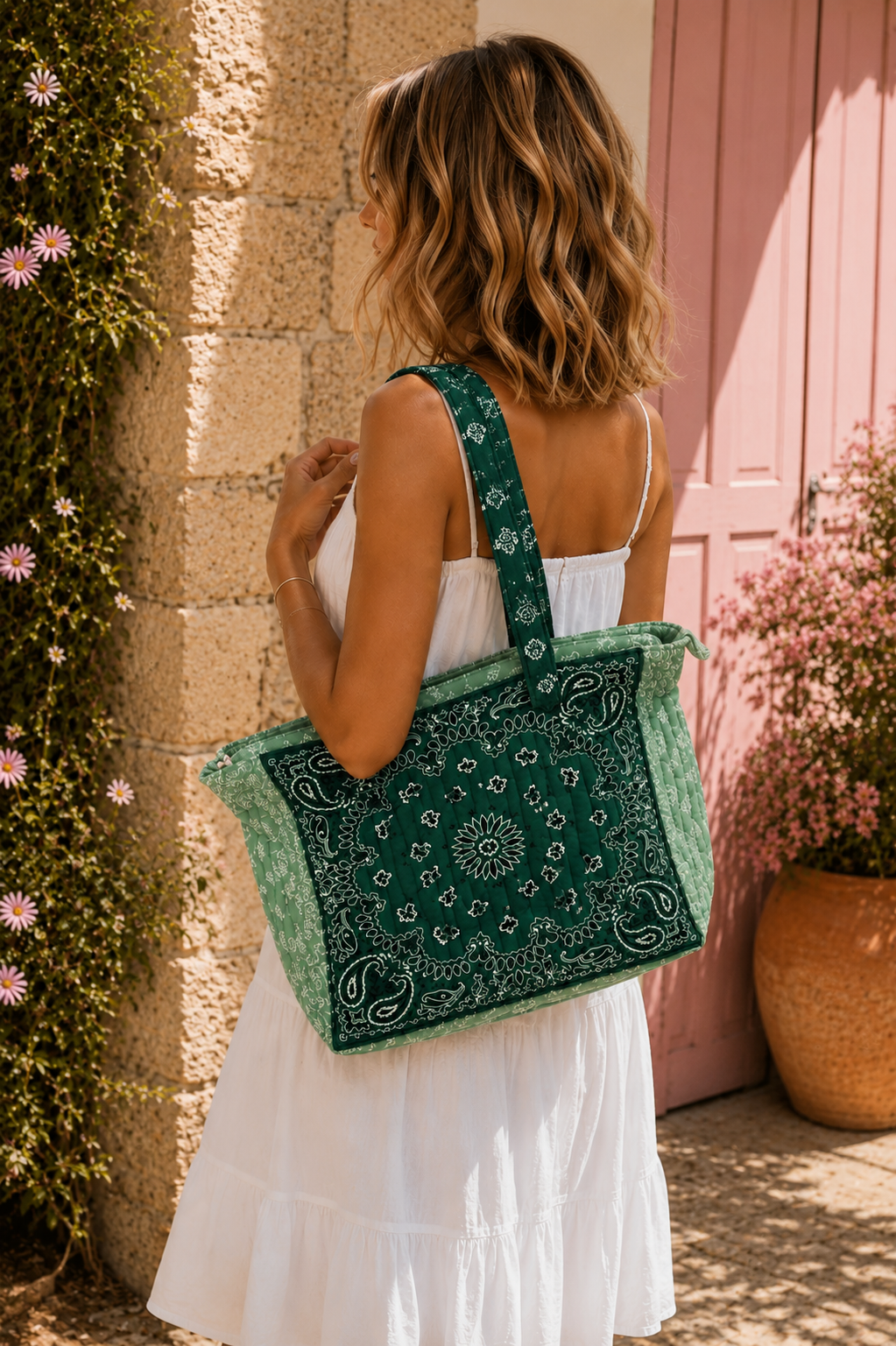 Sac Cabas Matelassé Bandana Vert Sauge & Vert Émeraude