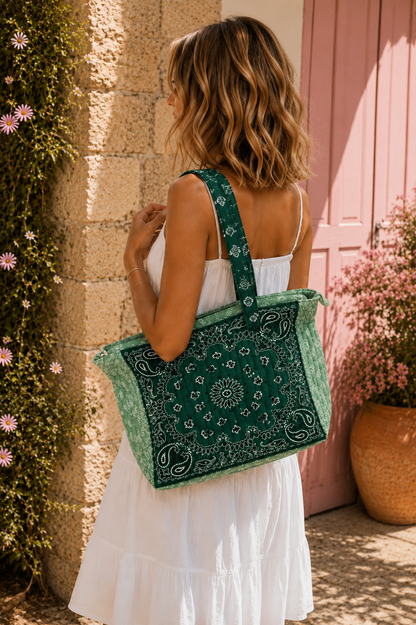 Sac Cabas Matelassé Bandana Vert Sauge & Vert Émeraude