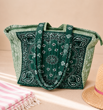 Sac Cabas Matelassé Bandana Vert Sauge & Vert Émeraude