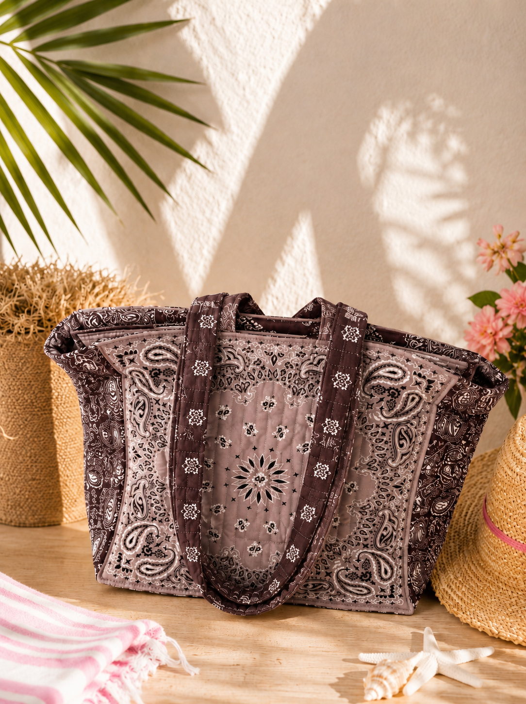 Sac Cabas Matelassé Bandana Beige & Marron